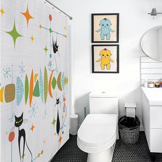 Mid Century Modern Shower Curtain, Retro Geometric Atomic Abstract Black Cat Pattern Middle Century 1950s 1960s Colorful Waterproof Fabric Bathroom Shower Curtain Set with Hooks, 72"x84" Inch