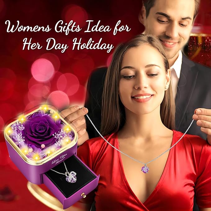 Preserved Purple Real Rose with Heart Necklace -Eternal Flowers Rose Birthday Gifts for Women Wife Mom Girlfriend Grandma Gifts Idea on Christmas Valentines Mothers Day for Her