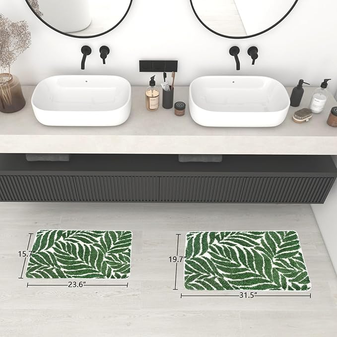 Dark Green Leaf Bathroom Rugs - Bath Mats Non Slip Machine Washable Bathroom Decor Water Absorbent Bath Rugs for Sink Bathtub and Shower Leaves 20" x 32"