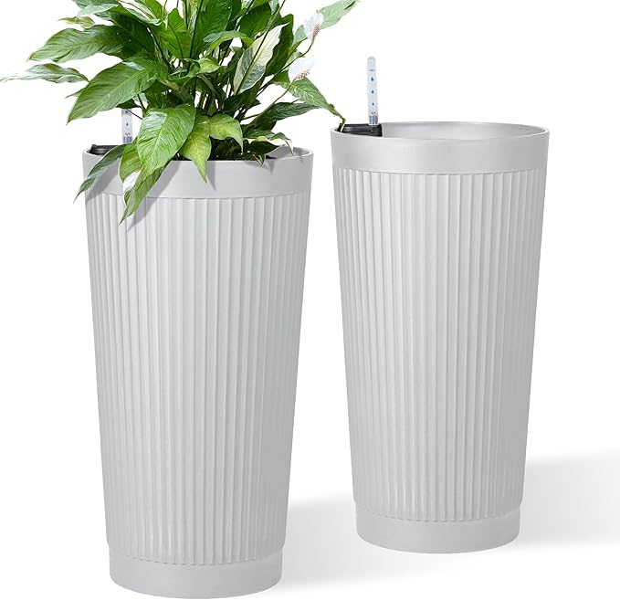 24" Tall Self Watering Planters for Indoor Plants, 2 Pack Large Plastic Outdoor Planter Pots with Built-In Water Reservoir and Level Indicator, Decorative Modern Flower Pots for Home & Patio (White)