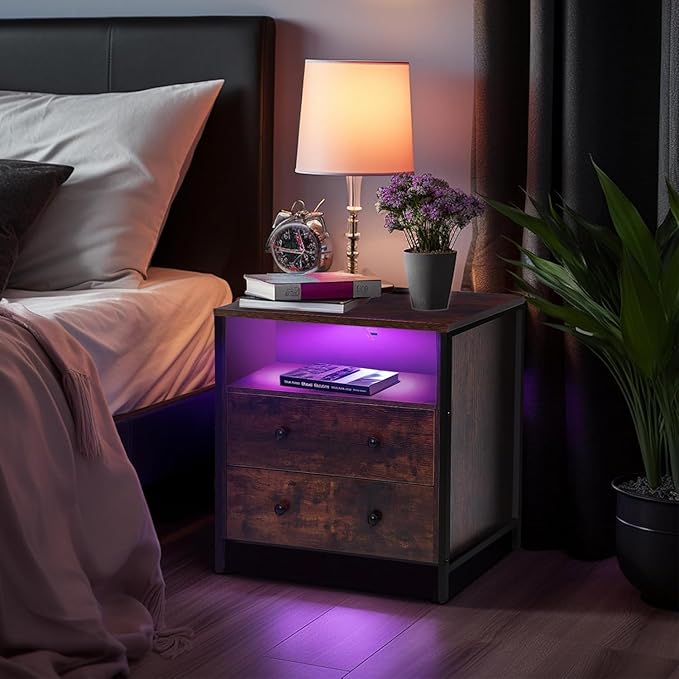 27 Inch Wide Night Stand, Large Wood Night Stand Set 2 with 2 Drawers, LED Nightstand with Charging Station and Adjustable Drawer, Bedside Table for Living Room/Bedroom/Study/Office, Retro.