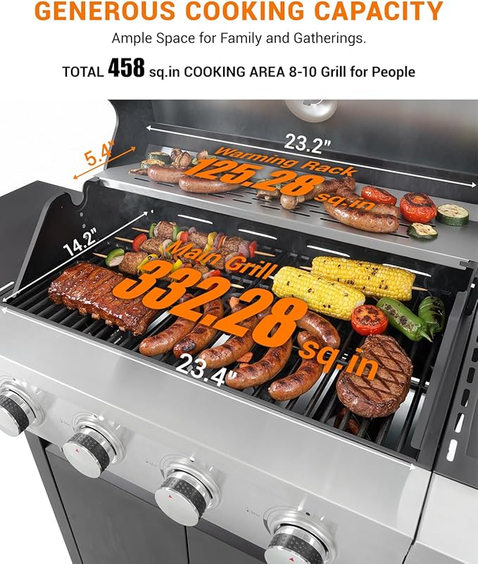 EUHOME 4-Burner Propane Gas BBQ Grill with Side Burner, 46,500 BTU Output Stainless Steel Barbecue Grill with Enameled Cast Iron Grates and Side Tables for Outdoor Cooking Kitchen and Patio Backyard
