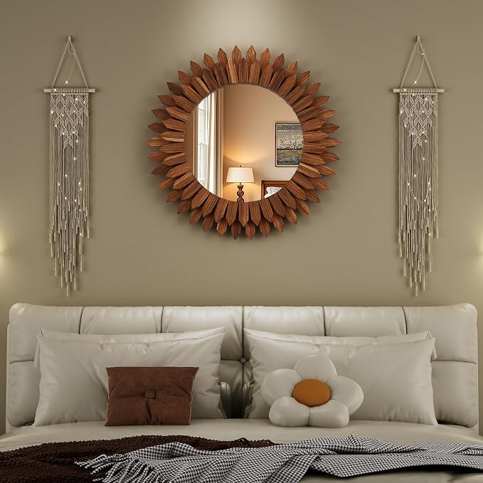 28 Inch Walnut Boho Wall Decor Sunburst Mirror - Round Wooden Wall Decor, Handmade Rustic Circular Mirror for Living Room, Bedroom, Entryway, Office