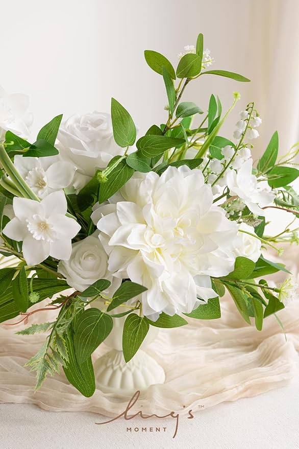 Ling's moment Green White Artificial Flowers with Vase Wedding Table Decor Bouquet Centerpiece Flower Potted for Ceremony Reception Desk Flowers Mantel Archway Aisle, Set of 2