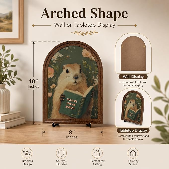 Wooden Tabletop Decor Funny Reading Groundhog Art for Library, Office or Study Decor, Literary Wall Art for Reading Lovers Gift Decor, Home Decorative Accent