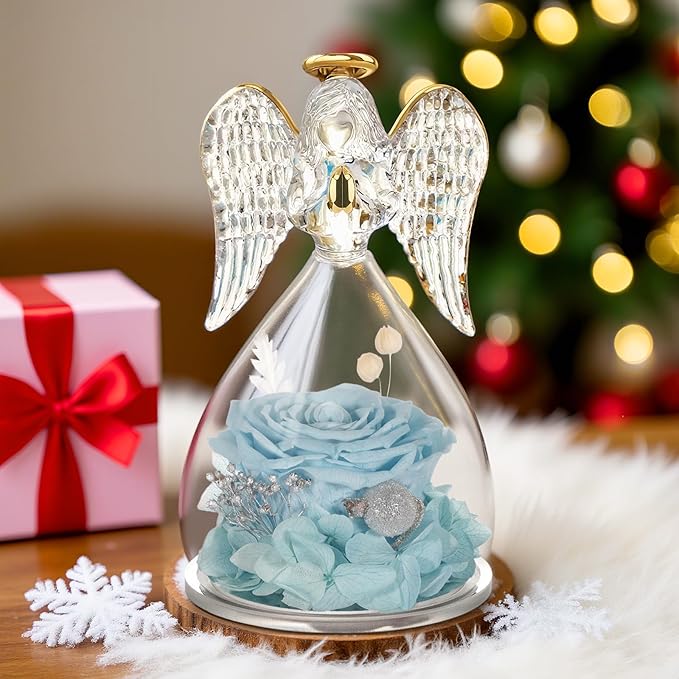 Yamonic Mom Birthday Gifts for Mom, Glass Angel Figurines Forever Real Rose Gifts for Her Women Grandma, Preserved Rose Angel Figurine for Mothers Day Birthday Gifts for Moms from Daughter(Pale Blue)