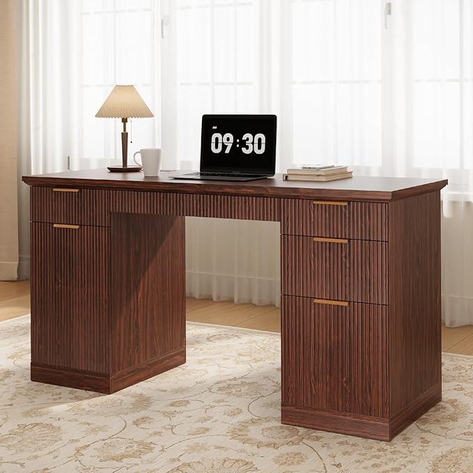 FURSUN 58" Fluted Modern Desk with Storage, Home Office Desk with 1 File Cabinet & 5 Drawers, Wood Executive Computer Writing Desk for Study, Living Room, Bedroom(Dark Walnut)