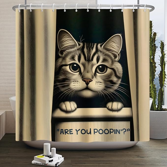 Cat Shower Curtains Cute are You Poopin' Funny Humorous Animal Whimsical Bathroom Curtain Curious Joke Cat Shower Curtain Sets for Bathroom Extra Long 72x78 in with 12 Hooks