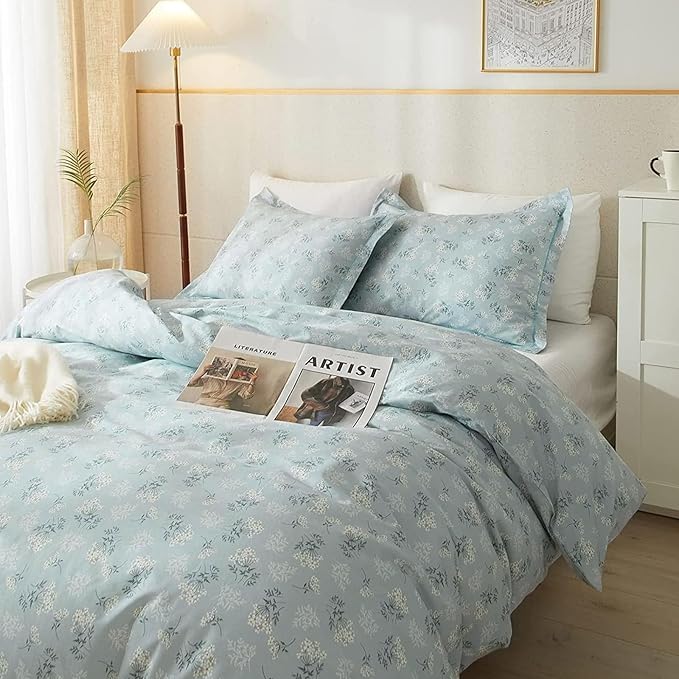 VM VOUGEMARKET Floral Comforter Set Queen Blue Comforter Set Garden Style Bedding Set Aesthetic Flower Botanical Comforter Set Soft All Seasons Boho Floral Comforter Set Queen Size