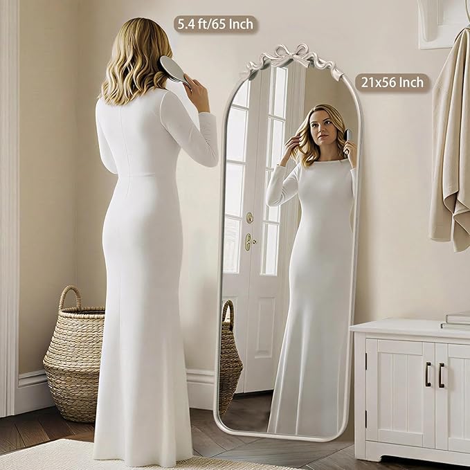 Besdomus Arched Mirror Full Length: 21"x56" Bow Champagne Silver Large Floor Standing Mirror - Antique Baroque Traditional Ornate for Entryway/Cloakroom/Bedroom - Home Decor for Fashion-Conscious