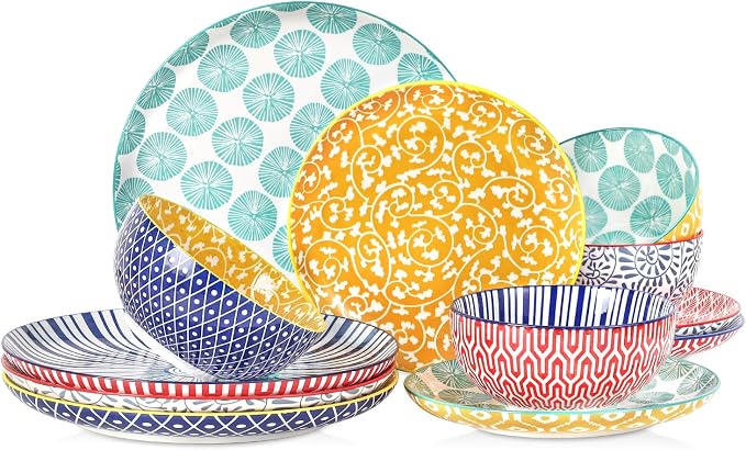 Selamica Ceramic Plates and Bowls Sets,12 Pieces Dinnerware Sets for 4,Scratch Resistant Dish Set,Dishwasher & Microwave Safe, Assorted Colors