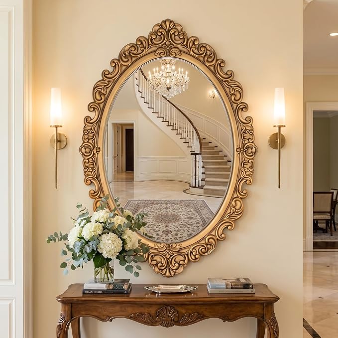 Vercraft 24" x 36" Vintage Gold Mirror for Wall, Antique Gold Oval Baroque Mirror with Imitation Resin Frame, Ornate Wall Decor for Entryway, Fireplace, Living Room, Hallway