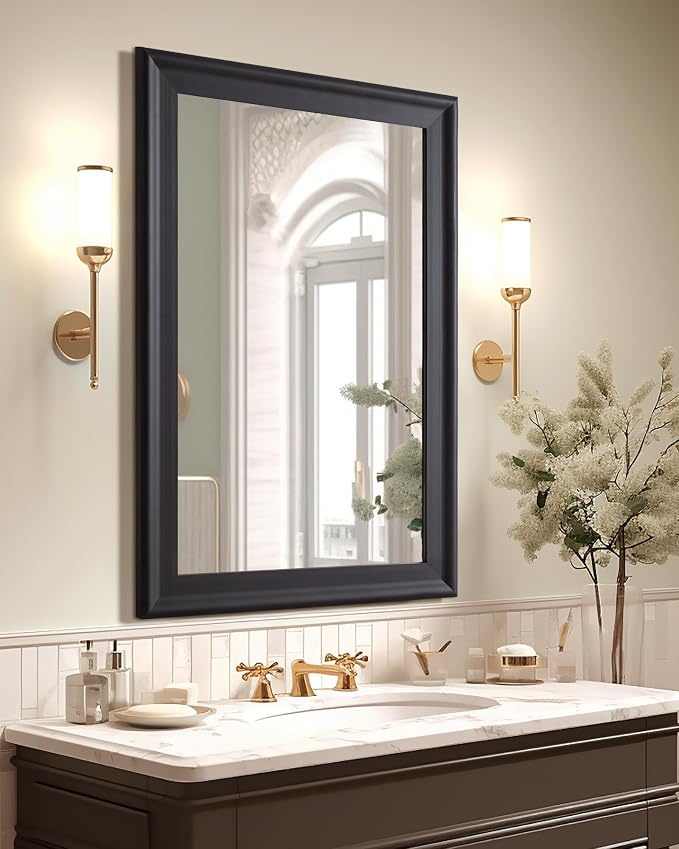 CULER Black Wall Mirror for Bathroom,Rectangle Rustic 24 x 36 inch Hanging VanityMirrors with Wood Grain Pattern for Living Room,Bedroom,Entryway