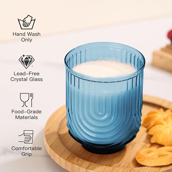 JOVGANK Blue Vintage Glassware Set of 6-14Oz Blue Water Drinking Glass, Art Deco Ripple Highball Glass, Whiskey Cocktail Glasses, for Bar Ice Coffee Juice, Housewarming Gifts and Mother's Day Gift