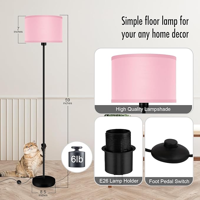 AUQUEE Pink Floor Lamp for Bedroom, Kids & Girls Room Decor, 59" Tall Small Standing Lamp with Lampshade, Foot Switch, Cute Corner Floor Lamp for Nursery, Living Room, E26 Base (No Bulb)
