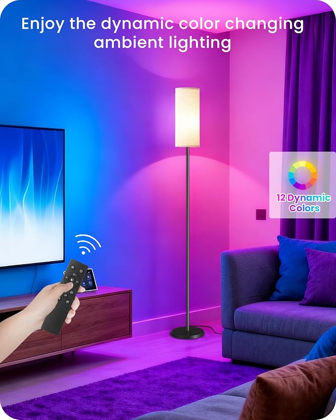Dimmable Floor Lamp for Living Room with RGB Colors, Color Changing Ambient Lighting, Corner Standing Lamp for Bedroom - Remote, Foot Switch, Timer, Warm Cool White, 10W Smart Bulb Included RE06LD05W1