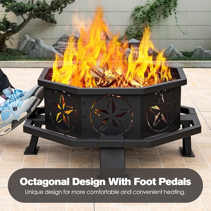 Verdeluxe 32 Inch Octagonal Outdoor Fire Pit,Wood Burning Fire Pit with Fire Poker,Firepits for Outside Bonfire,Camping,Backyard, Garden,Patio