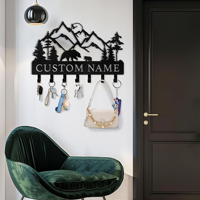 Kotagi Personalized Key Holder for Wall - Custom Name Metal Black Bear Coat Hook Key Holder Wall Mount, Key Hooks on Wall, Key Rack Hanger Organizer for Entryway, Front Door, Hallway, Home Decor