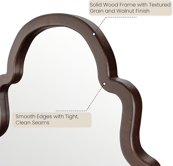 40"x24" Walnut Arched Mirror, Solid Wood Frame for Vanity, Mid Century Modern Decor for Living Room & Bedroom, Rustic Dark Brown Wooden Mirror for Wall, Boho Style