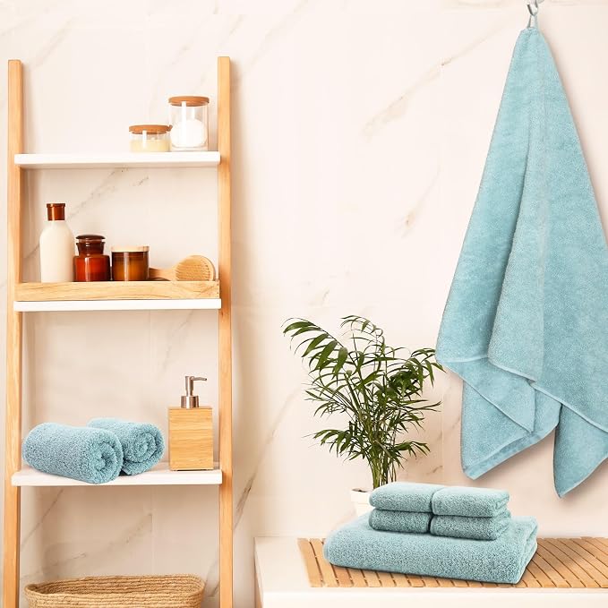 SEMAXE Bath Towel Set, 18 Piece Towel Set for Bathroom, Large Value Pack, Quick Dry Cotton Towels with Hanging Loops, Easy Care, Blue