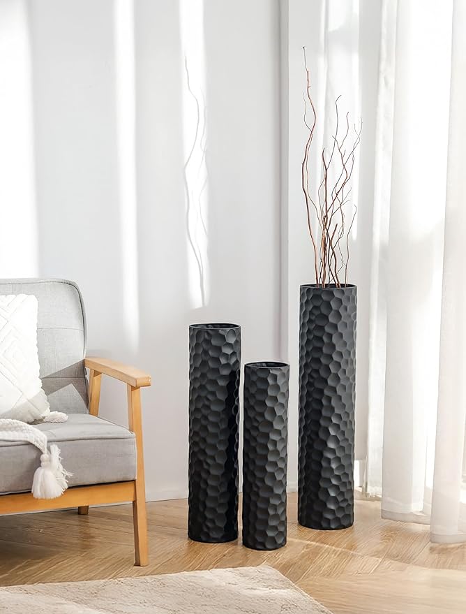 Sziqiqi Black Tall Floor Vase: 27/23/20in Large Floor Vases Standing for Living Room - Hammered Metal Floor Vases Set of 3 - Cylinder Flower Vase for Dining Bedroom Home Corner Indoor Office