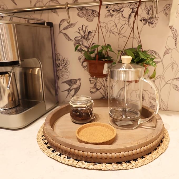 Hrastany Wood Decorative Serving Tray with Bead, Round Vintage Wooden Ottoman Tray for Home Centerpiece, Counter Organizer, 13” Circle Tray for Kitchen, Living Room (Rustic Brown)