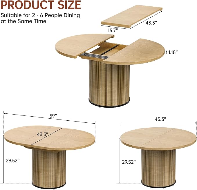 Extendable Round Dining Table for 4-8, 43in-59in Modern Wood Dining Room Table with Removable Leaves, Extendable Dinner Tables w/Heavy Duty Base for Kitchen|Living Room|Small Space, Natural