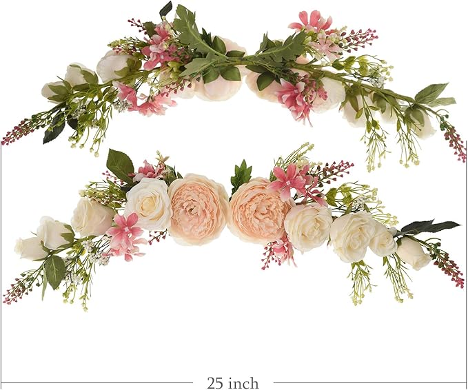 Lvydec 2 Pack Artificial Peony Flower Swag, 25 Inch Decorative Swag with Champagne Peony White Rose and Green Leaves for Wedding Arch Front Door Wall Decor