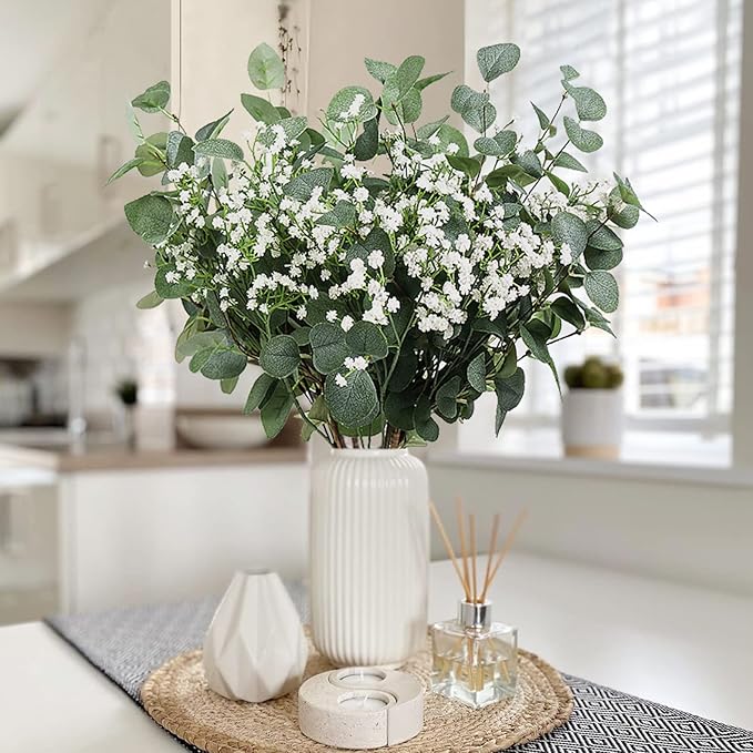 Beferr 5pcs Eucalyptus Stems & 6pcs Babys Breath Artificial Flowers Faux Greenery Bouquets for Wedding Table Centerpiece Home Decor