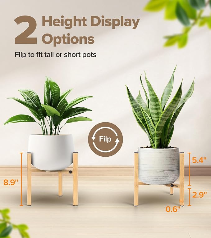 Plant Stand Indoor Adjustable, Metal Modern Indoor Plant Stand, Heavy Duty Plant Stands Outdoor Corner, Stable Plant Holder, Fits 8 to 12 Inches Pots, Black, 1 Pack, Natural Wood-Grain