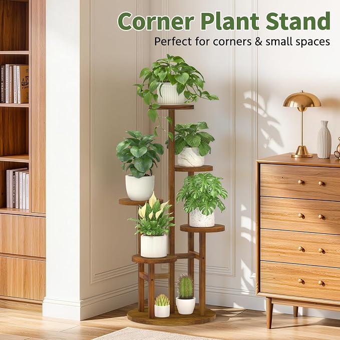 LASZOLA 5 Tiered Wood Plant Stand Indoor Corner, Flower Holder Rack Tall for Multiple Plants, Rustic Planter Shelf Display for Patio Garden Balcony Living Room