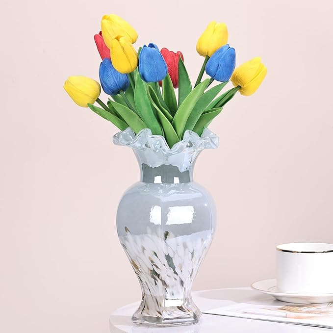 9.5" Tall Blue Glass Vase Beautiful Hand Blown Glass Decor Flowers Vases for Centerpieces, Modern Murano Glass Art Colorful Blue and White Vase, for Home Decor Table Entryway Wedding Decoration
