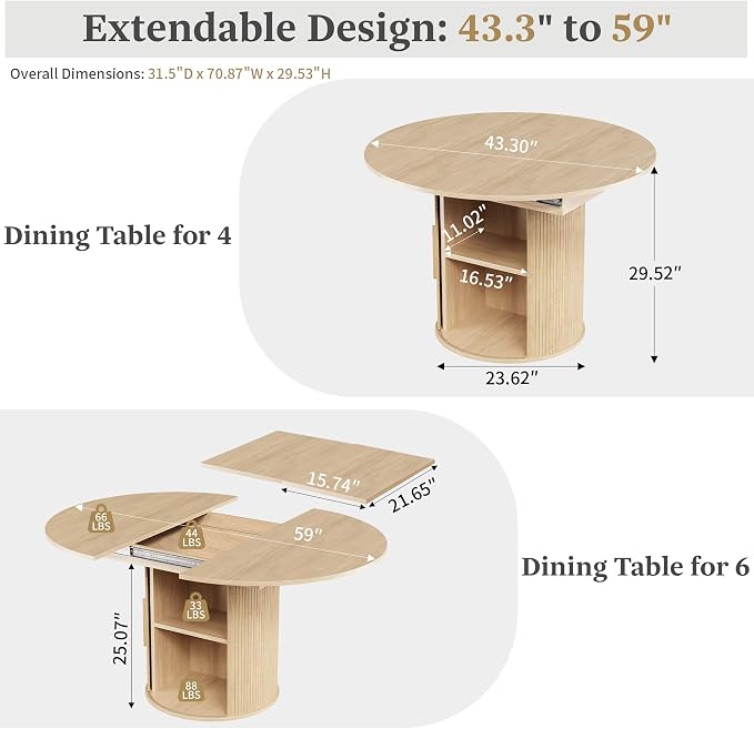 weselon 43"-59" Extendable Round to Oval Dining Table with Hidden Storage, Modern Wooden Kitchen Table with Fluted Sliding Door Cabinet, Expandable Dinner Table for Dining Room Living Room (Natural)