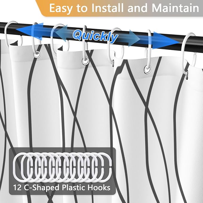 Grey and White Striped Shower Curtain, Abstract Geometric Modern Minimalist Shower Curtains for Bathroom with Hooks, Hotel Style Waterproof Fabric Shower Curtain Set, Weighted Hem, 72x72 Inch
