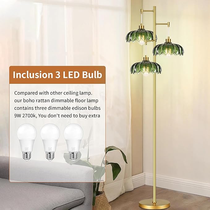 QIYIZM Glass Floor Lamp for Living Room,Bedroom,Mid Century Modern Standing Lamp Brass Tree 3 Light Tall Floor Lamps Vintage Retro Floor Lights Gold Green Flower Lamp Shade Farmhouse Boho Bohemian