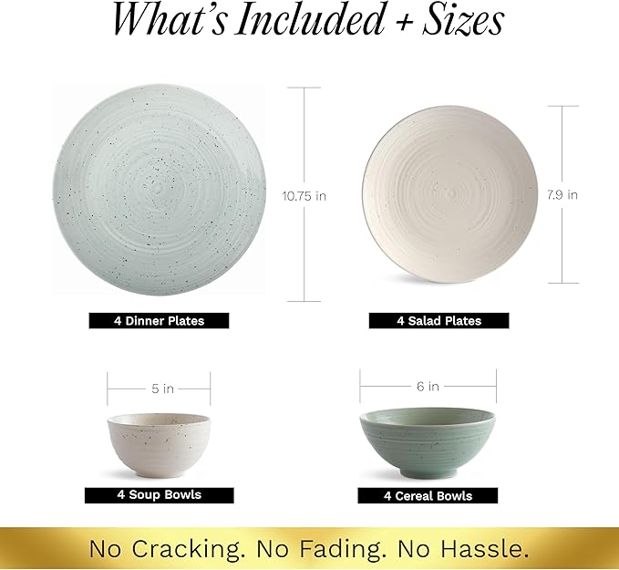 Sango Siterra Artist's Blend 16-Piece Stoneware Dinnerware Set for 4, Green, Cream & White Glossy Dishes with Speckles, Ceramic Plates and Bowls Sets for Everyday Dining, Microwave & Dishwasher Safe