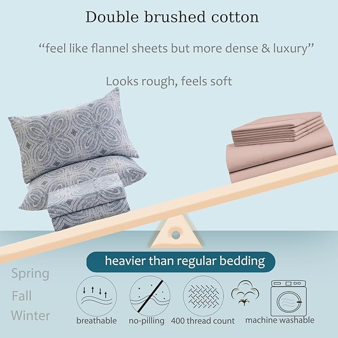 Zusbest California King Sheets 100% Percale Cotton Grey Bed Sheet Set, Brushed Extra Softness, Breathable Luxury Flannel Like Sheets Modern Classic Navy Printed Deep Pocket Bed Set 17.5'' 4 Pcs