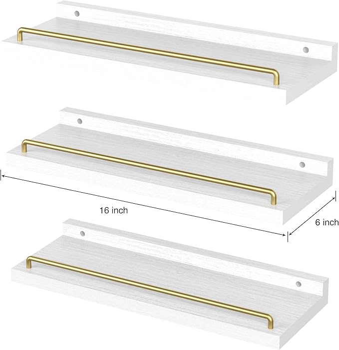 RYOFOBETTO Floating Shelves for Wall Decor, White and Gold Shelves for Bathroom, Living Room, Bedroom, Picture Frames, Plants, Kitchen (Set of 3)