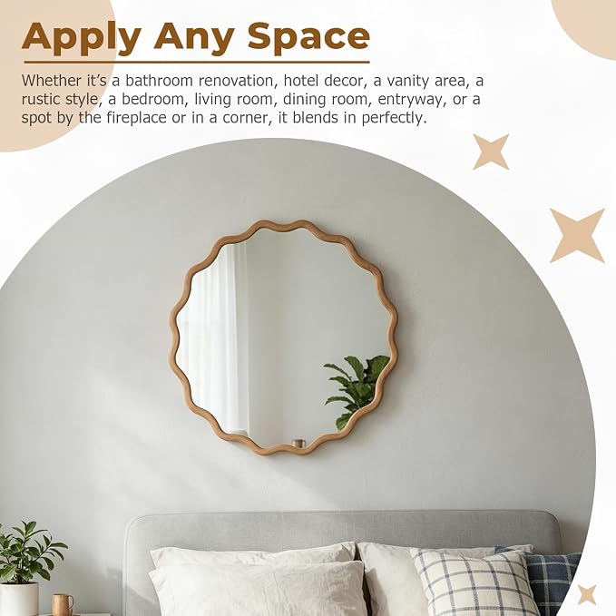 24" Wavy Edge Round Mirror, Solid Wood Framed Wall Decor with Clear Reflection for Bathroom, Bedroom, Living Room & Entryway (Solid Wood)