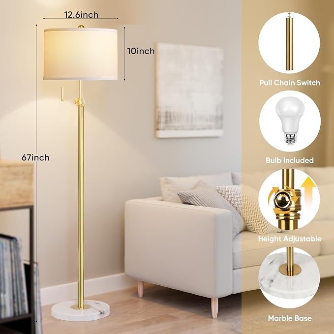 PARTPHONER Floor Lamp for Living Room, 66'' Adjustable Height Standing Lamp with Marble Base, 3-Color Tall Lamps with Pull Chain, Suitable for Bedroom, Reading, Office (Bulb Included, White Shade)