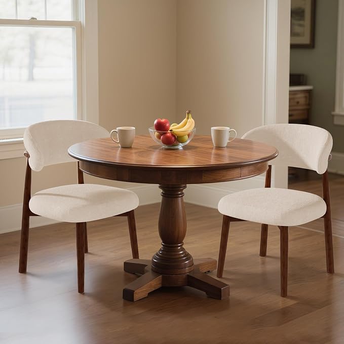 Farmhouse Dining Chairs Set of 2, Mid Century Modern Fabric Upholstered Kitchen Chairs, Wooden Dining Room Chair with Curved Back for Kitchen Dining Room Restaurant Cafe, Light Camel(Only Chairs)