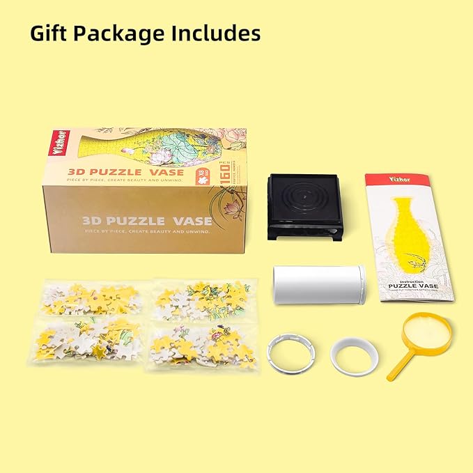 3D Puzzle Vase for Adults, 160 Curved Pieces Vase Puzzle Craft, DIY Bamboo Pattern Flower Vase with Water Cup, Creative 3D Jigsaw Puzzle Home Decoration (Yellow Lotus)