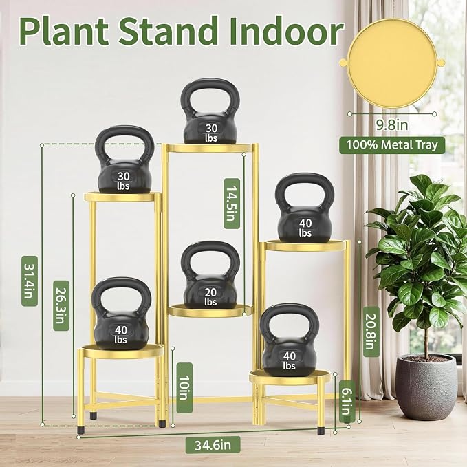 LASZOLA 6 Tier Large Plant Stand Indoor Tall with 10 Inch Metal Tray, Corner Folding Flower Display Rack, Modern Plant Holder Shelf for Outdoor Patio Porch Garden Office Living Room, Gold