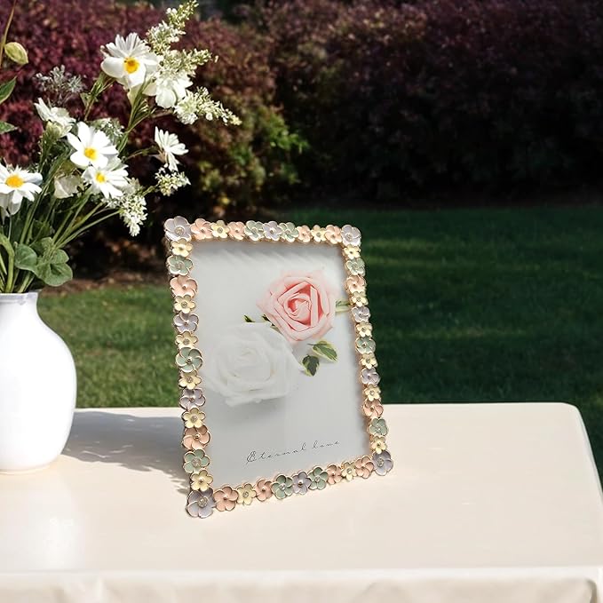 5X7 Wedding Picture Frame with Enamel Finis Glass Front - Ornate Antique Colorful Flowers Metal Photo Frame Tabletop/Wall Display Gifts for Women Photo Frame Tabletop/Wall Vintage