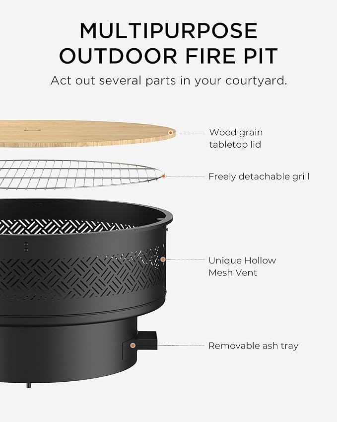 32" Fire Pits with Cooking Grill, Outdoor Fire Pit with Lid & Fire Poker, Fire Pit Table for Outside Wood Burning Firepit Round Heavy Duty Firepit for BBQ, Table, Picnic, Camping, Bonfire Party