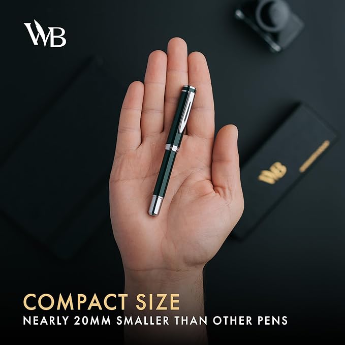 Wordsworth and Black Fountain Pen Mini EDC: Luxury Green Heavy Pocket Pen, Chrome Finish, Medium Nib, 6 Ink Cartridges, Ink Converter, Travel Refillable Writing Pen Gift Set, Men & Women