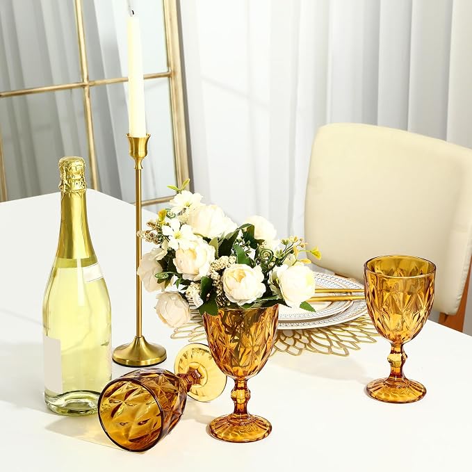 Yinder Glass Goblet Vintage Wine Goblet Embossed Glassware 10 oz Solid Color Glass Stemmed Cups for Iced Tea Beverage Soda Juice Water Liquor and Party Wedding Bars Restaurants(Amber,6 Pack)