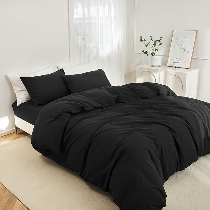 JIYUAN 100% Washed Cotton Duvet Cover Set 3 Pieces Oversized King, 1 Duvet Cover 120x98 Inches(Comforter Not Included) and 2 Pillowcases,Linen Feel Bedding Set Comfy and Breathable,Black
