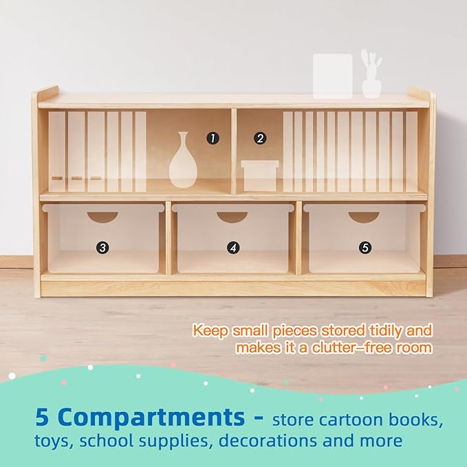 OOOK Montessori Shelf 5-Section Wooden Storage Cabinet, 2-Shelf Toy Organizers and Storage, Kids Classroom Organizer, Playroom, Daycare and Preschool