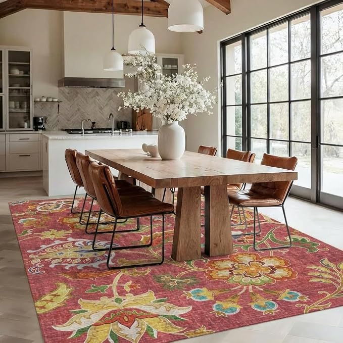 5x7 Area Rug Bohemian Vintage Floral Paisley Rug with Non Slip Backing, Washable Low Pile Burgundy Red Multi-Color Carpet for Bedroom, Living Room, Dining Room, Home Office, Farmhouse